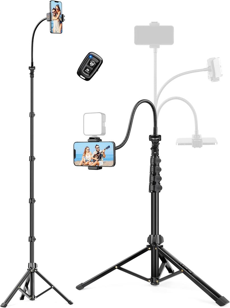 Phone Tripod Stand, 85" Tall Cellphone Tripod for iPhone with Gooseneck Remote, Flexible Portable Phone Stand for Recording, Compatible with iPhone 14 13 12 pro Android Camera (Black)
