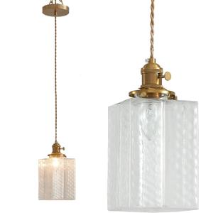 Oyisen Hanging Lamp, 6.5 Inchs Cuboid Glass Lampshade Farmhouse Pendant Lights Kitchen Island 6.5ft Braided Light Cord Hanging Light for Bedroom Hallway Light Fixture with Light Bulb