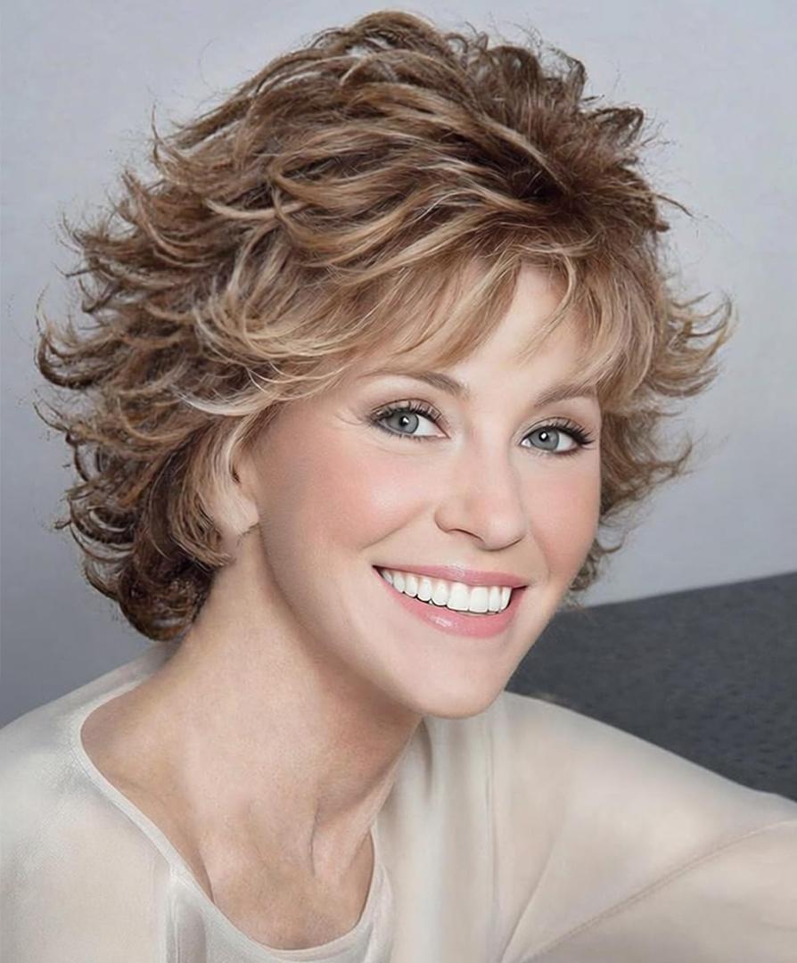 SEVENCOLORS Short Brown Wavy Wigs for White Women Layered Natural Brown Mixed Blonde Pixie Wig Synthetic Hair Short Womens Wigs