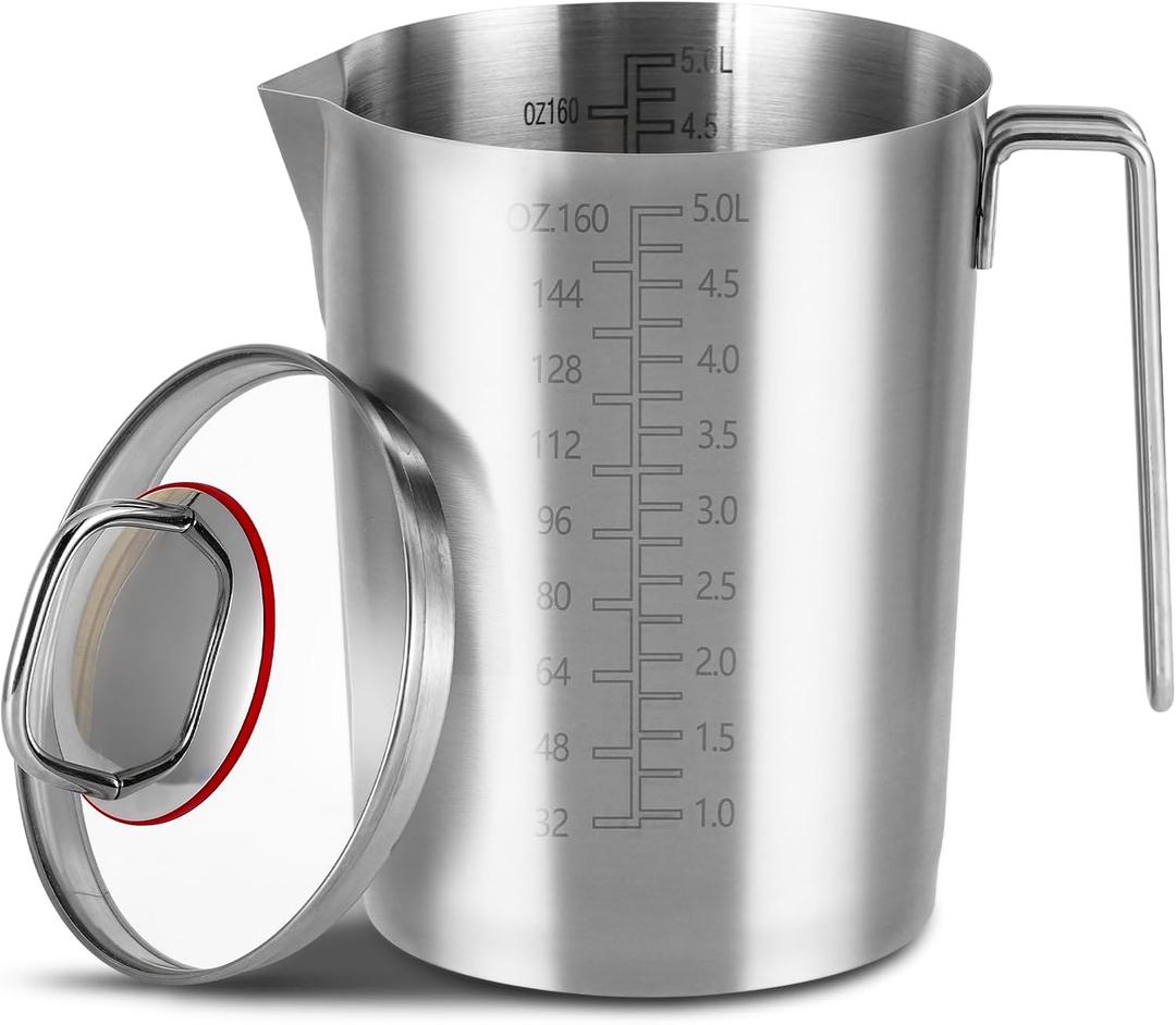 160 OZ Stainless Steel Measuring Cup with Lid and Handle, 5L Metal Measuring Pitcher, Large Mouth Graduated Beakers