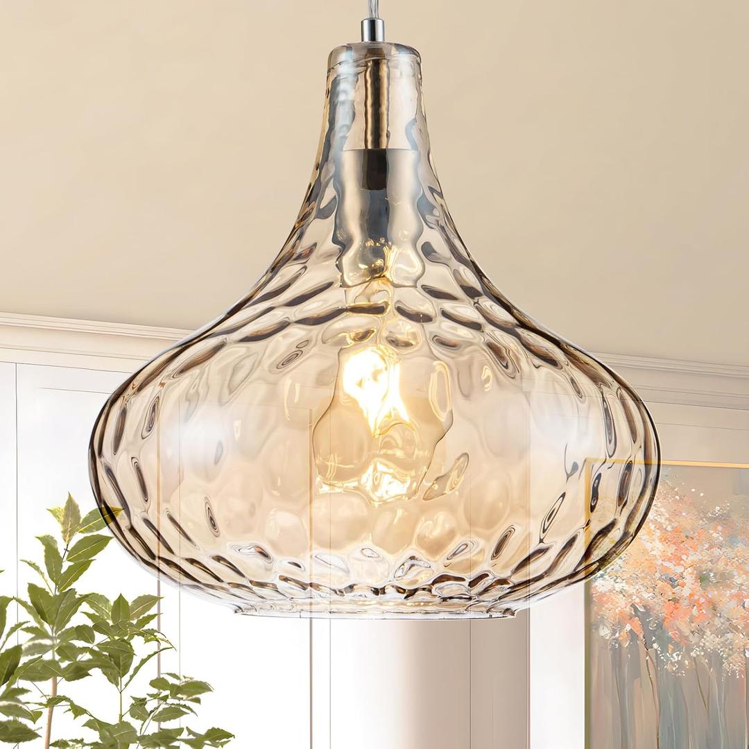 Amber Glass Pendant Light - 11-Inch Hammered Glass Ceiling Light with Brushed Nickel Finish, Adjustable Hanging Cord, Modern Lighting for Kitchen Island, Dining Room, Living Room & Hallway