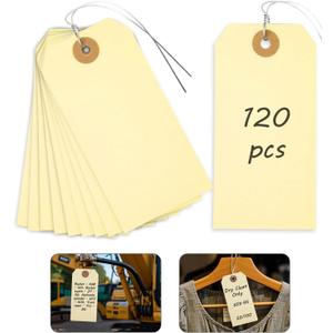 SallyFashion Tags with Metal Wire Attached, 120 PCS Blank Manila Pricing Tags for Labeling, Equipment Shipping Labels with String for Luggage Garage Clothing Inventory, 4 3/4" x 2 3/8" , Yellow 