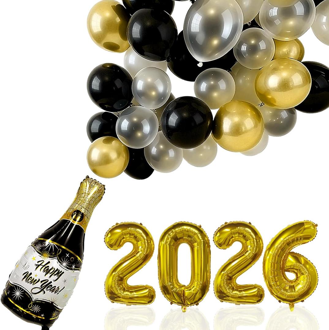 2026 New Year Eve's Party Supplies Balloons Include Golden Larger 32 inch 2026 Balloons, Black Gold and White Balloons, Champagne Bottle for 2026 Happy New Year Eve Party Celebration Decoration