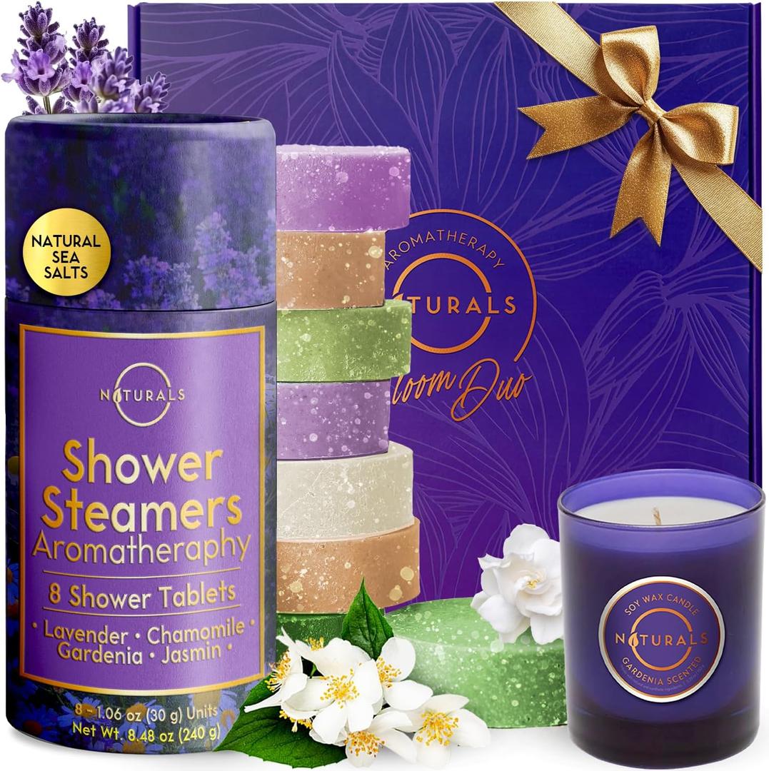 Shower Steamers Aromatherapy - Birthday Gifts for Women - Shower Bombs Aromatherapy, Spa Day Essentials, Relaxation Spa Gifts - Self Care Unique Gifts for Women and Men (Gift Set w/Scented Candle) (1 Count (Pack of 8))