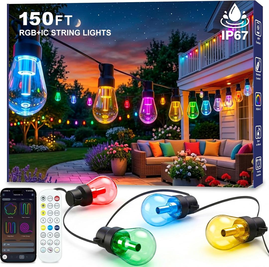 Beizelte Outdoor String Lights, 150FT RGB+IC Outside Light Dimmable Shatterproof LED Bulbs, IP67 Waterproof Chasing Effect Lighting Dream Color Patio Strip Lights for Backyard, Balcony, Outdoor Living
