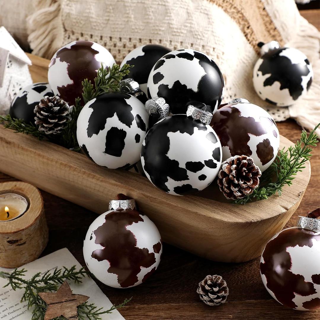 Syhood 12 Pcs Cowhide Printed Christmas Ball Ornaments 3.15 Inch Plastic Western Cow Ornaments Country Western Party Decorations Rustic Holiday Xmas Baubles for Tree Home Gift