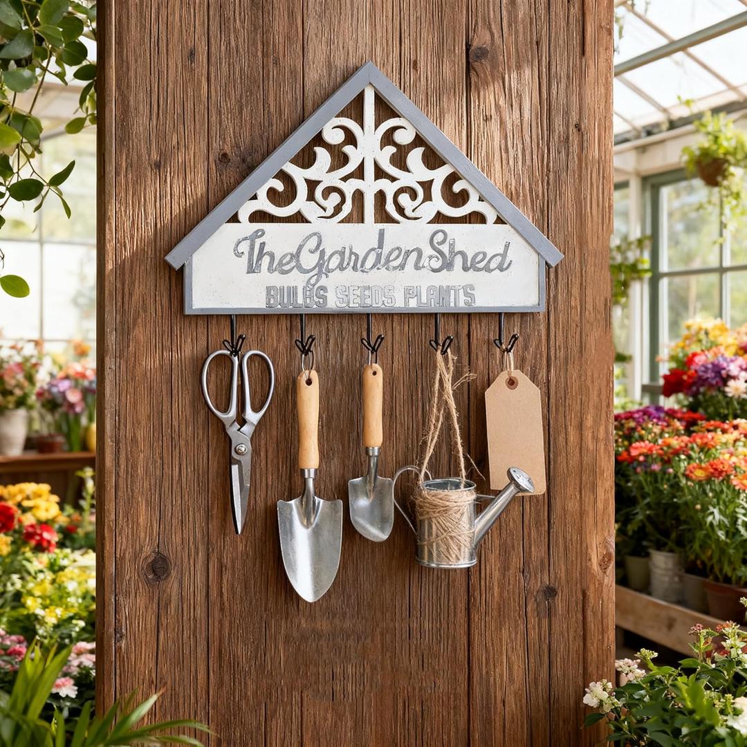 Farmhouse Style "The Garden Shed" Wall Hook Rack, Rustic Metal & Wood Garden Tool Organizer with 5 Hooks, Decorative Wall-Mounted Hanger for Indoor Outdoor Gardening Tools, Keys, Hats, Home Decor