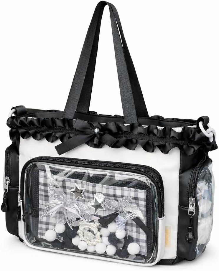 Kawaii Ita Bag for Girls, Ruffle Crossbody Tote with 3 Clear Display Pockets, Fits iPad, Detachable Strap