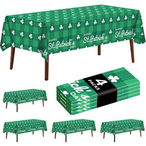 9 x 4 Pack St. Patricks Day Plastic Tablecloth 54 x 108 Inch Green Lucky Shamrock Disposable Table Cover for St. Patrick's Day, Irish and Spring Decorations