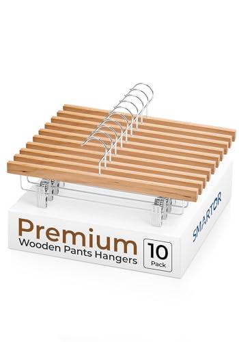 SMARTOR Natural Wooden Pants Hangers 10 Pack, Heavy Duty Wood Skirt Hangers with 2-Adjustable Clips and 360° Swivel Hook, Space Saving Clip Hanger for Shorts, Slacks, Jeans, Trousers