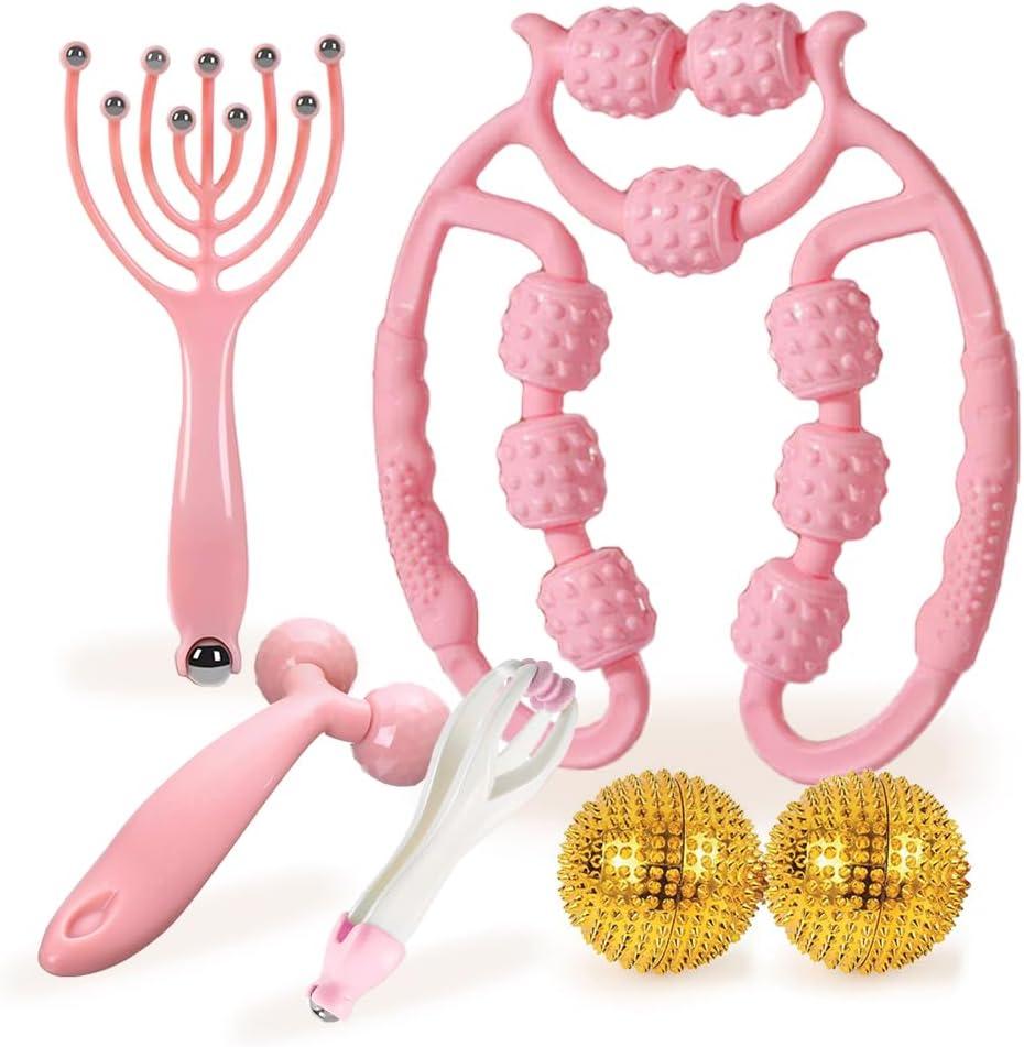 5-in-1 Massage stick for Body, Roller for muscle, Massage Stick for leg, Trigger Point Muscle Roller (8 Rolls), Finger Massager, Hand-Held Roller, Head Scalp Massager, 2 Spiky Hand Balls.