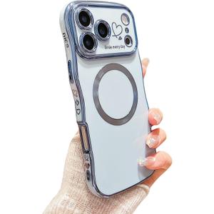 for iPhone 17 Pro Case Magnetic,for Women Girls Soft Cute Wave Frame Curly Shape Love Heart Luxury Plating Phone Case Compatible with MagSafe Shockproof Back Cover 6.3"-Blue