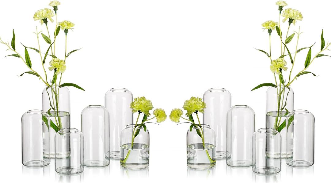 Glass Bud Vases for Flowers - Hewory Blown Modern Small Glass Vases for Centerpieces Set of 12, Mini Clear Bulk Flower Vases for Wedding Party Events Home Decor Floral Arrangement (Not Include Flower)