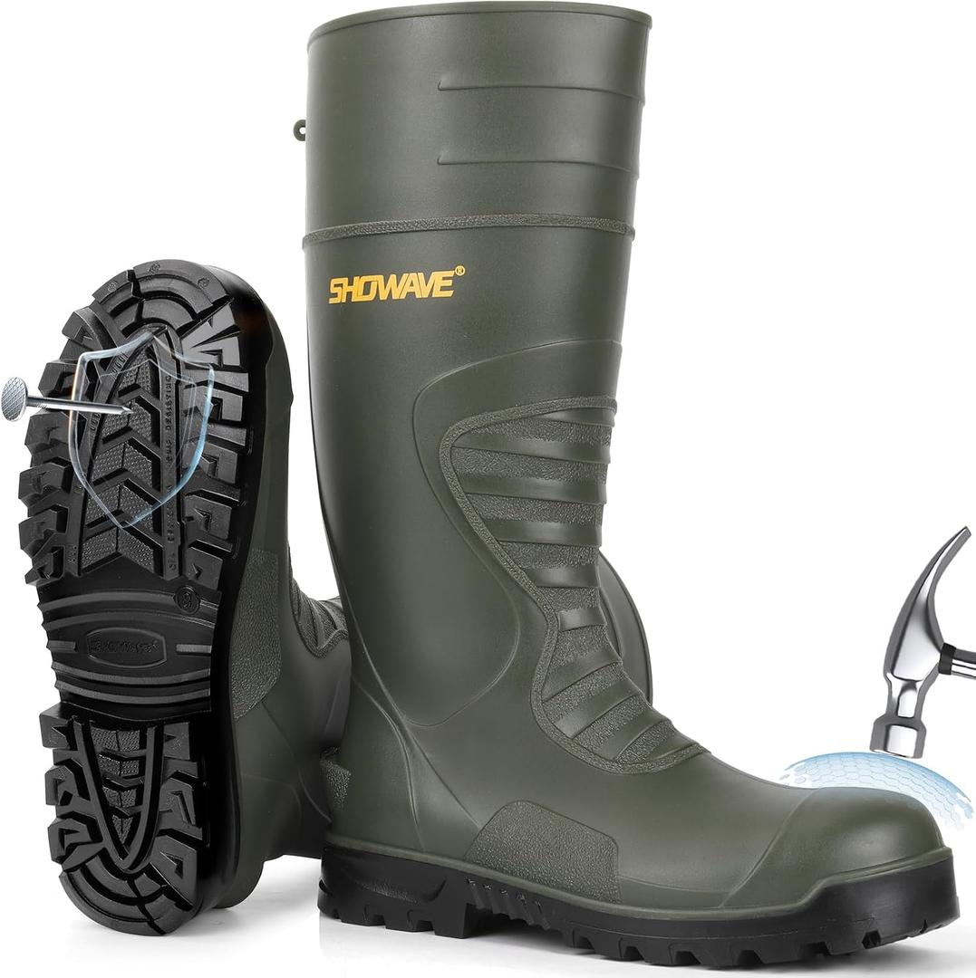 Showave Men's Steel Toe Rubber Boots Kevlar Sole Safety Work Boot Puncture-Proof Rain Boot Slip & Oil Resistant Outsole for Industrial Construction Agriculture (Green, Size 10)