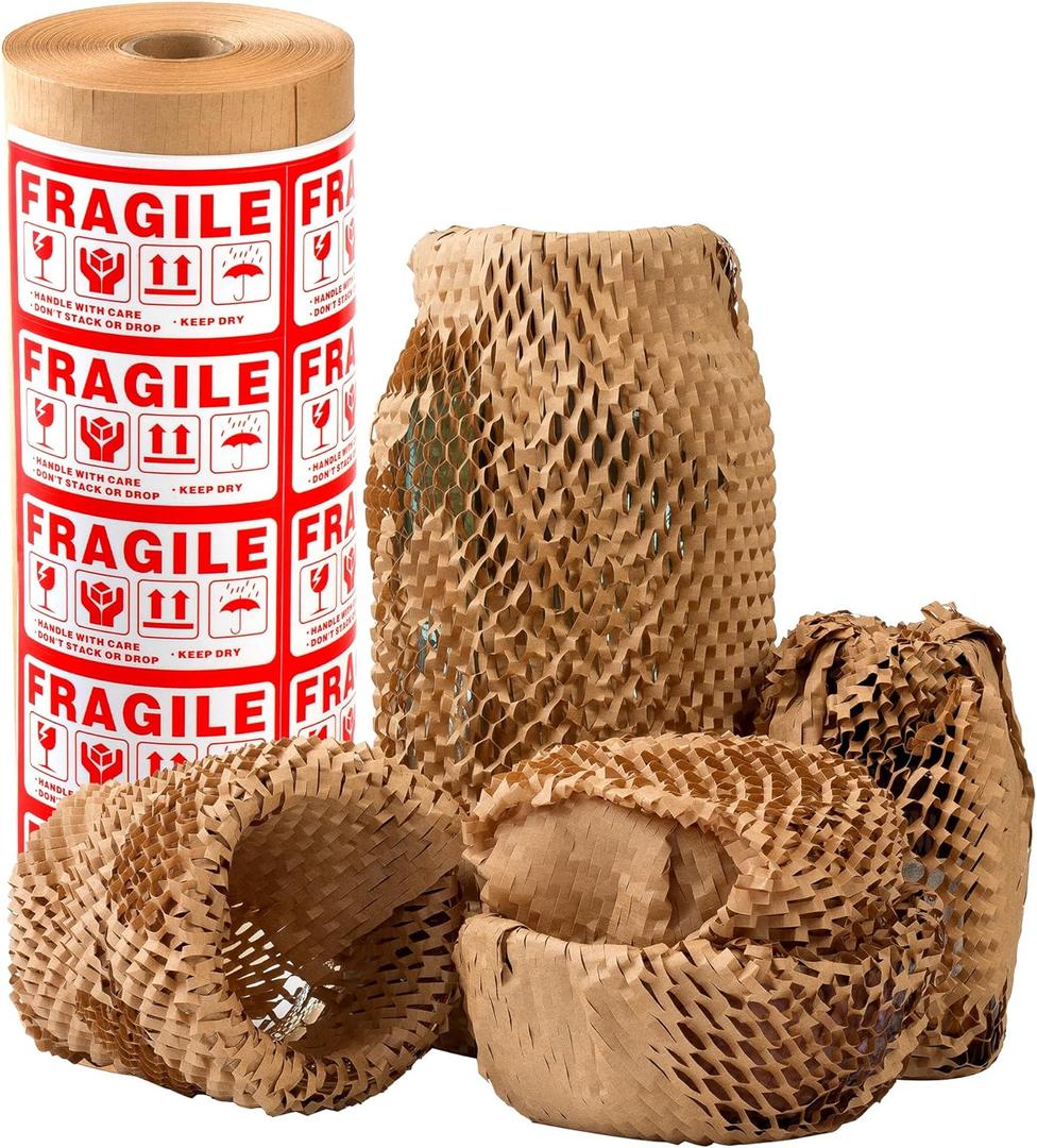 Honeycomb Packing Paper 12" Width X 200 FT for Moving Glass Dishes Recyclable Wrapping Paper Bubble Wrap Packing Material for Shipping Fragile Items Shipping Filler with 20 Fragile Stickers