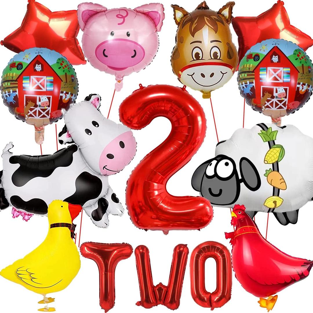 14 PCS Farm Animal Balloons Cow Sheep Duck Rooster Pig Donkey Balloons Barnyard Balloon Supplies with Large Number 2 Foil Balloon for Farm Animal Theme 2nd Birthday Party Decor Supplies