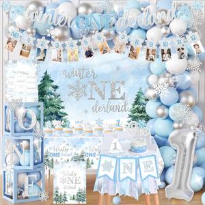 Winter Onederland 1st Birthday Boy, Winter Onederland Party Decorations includes Backdrop Cake Topper Tablecloth Balloon Blue Arch Box Snowflake Photo Banner for Boy Birthday Party