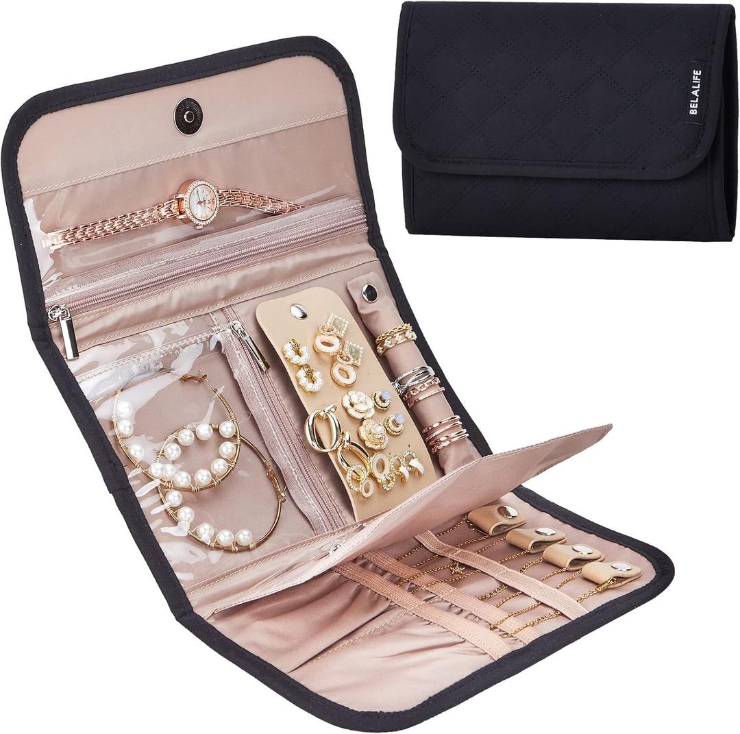 BELALIFE Travel Jewelry Case Organizer, Foldable Storage Roll for Earrings, Necklaces, Rings, Bracelets, Brooches, Black (Medium)