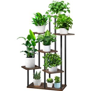 YOCOMEY 7 Tier Wood Tall Plant Stand Metal Rack Indoor, Multiple Flower Pot Holder Shelves Corner Rack, Planter Shelf Display Rack Storage Organizer for Patio Living Room Balcony Garden(Black Oak)