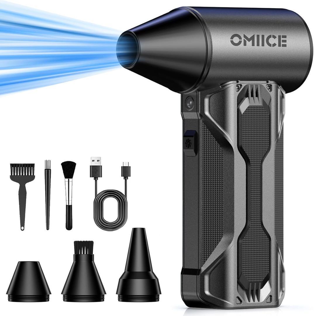 Compressed Air Duster, 150000RPM Electric Air Duster with 3 Gear Speed Adjustable, Rechargeable Cordless Dust Cleaner with Brush/Lighting for Keyboard, PC, Car, Outdoor, Air Bed (Black)