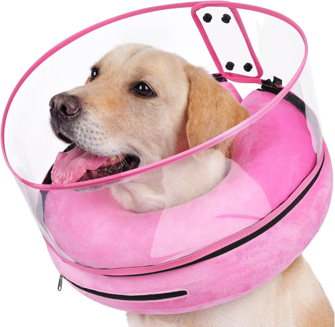 BARKLESS Inflatable Dog Cone, Protective Dog Surgery Collar to Stop Licking Biting Wounds, Patented Soft Donut Cone with Clear Shield, Adjustable Blow-up Collar for Surgery Recovery (Pink, M+) (M+ (Neck: 11"-14"))