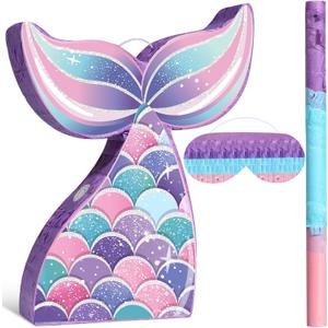 Faccito Mermaid Piata Party Supplies Mermaid Tail Piata Bundle with Blindfold Bat for Girls Under the Sea Ocean Theme Birthday Party Decorations, 16.14'' x 12.40'' x 2.95''