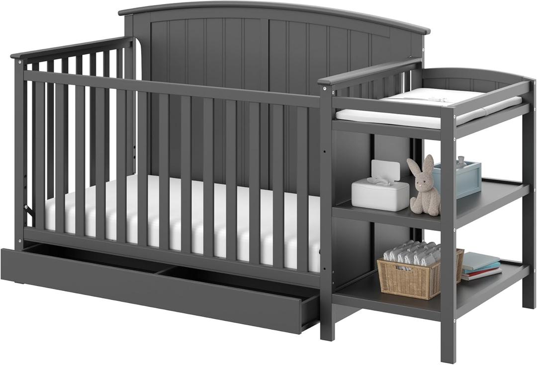 Storkcraft Steveston 5-in-1 Convertible Crib & Changer  GREENGUARD Gold Certified, Fits Standard Crib Mattress, Converts to Toddler Bed and Full Bed, 4 Adjustable Mattress Heights (Gray) (Grey)