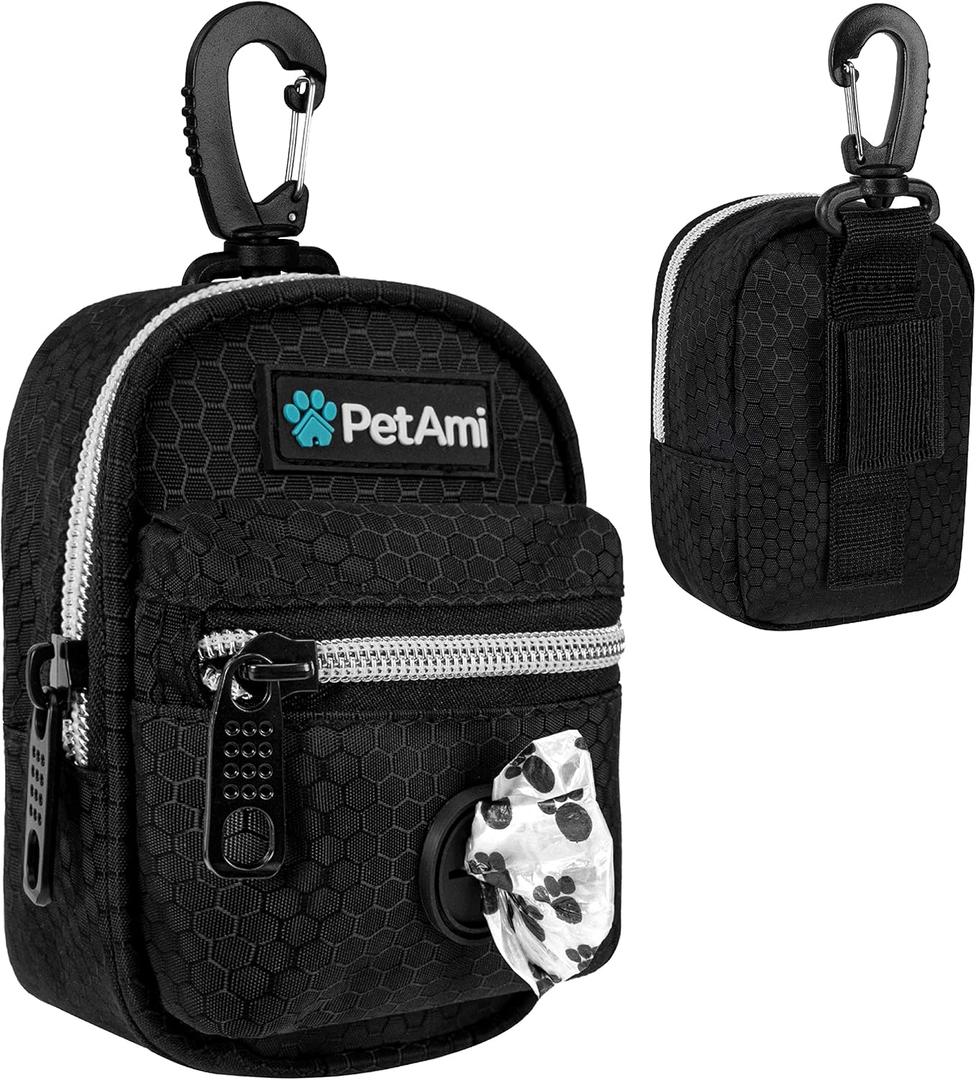 PetAmi Dog Poop Bag Holder for Leash, Dog Pet Waste Bag Dispenser For Poop With Clip For Doggie Puppy Walking Accessories Travel Camping, Dog Treat Pouch Supplies Must Have With Doggy Bag Roll, Black (1 Count (Pack of 1))