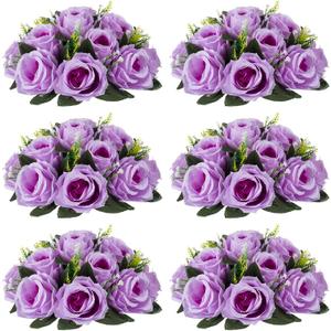 NUPTIO Artificial Flower Centrepieces for Tables - 6 Pcs Lilac Fake Flowers Roses Balls 9.5in Diameter - Silk Faux Rose Arrangement for Wedding Party Centerpiece Table Decor