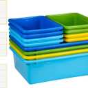 Zonon 12 Pcs Plastic Cubby Bins Office Storage Container Storage Bins Plastic Organization with 1 Pack Self Adhesive Label for Library Office Home Nursery(Cute Colors)