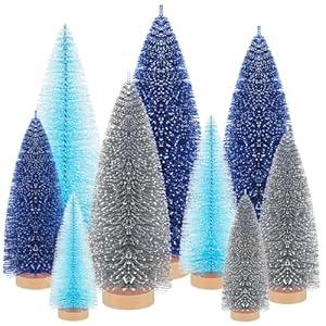 Leyndo 9 Pcs Artificial Mini Christmas Tree Xmas Sisal Bottle Brush Trees with Wood Base Christmas Pine Trees for Christmas Party Table Top Decor Winter Ornaments Home Kitchen Crafts (Mixed Color)