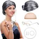 Gejoy 7 Pcs Old Lady Wig Costume Set Grandma Hair Cap Glasses Chain Pearl Necklace for Props Cosplay