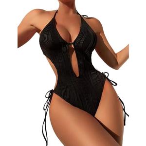 PURFUN Sexy Deep V Neck One Piece Swimsuit Women Adjustable Tie Side Bottom Backless Halter Top Swimwear Holiday Travel Beach Pool Party High Waist Bathing Swimming Suit Black Size XL