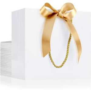 EUSOAR Thank You Gift Bags, 25pcs 8.6"x3.9"x7" White Party Favor Bag with Bow Ribbon, Gift Wrap Treat Bags Bulk for Wedding Birthday Bridesmaid Anniversary Holiday Bridal Party