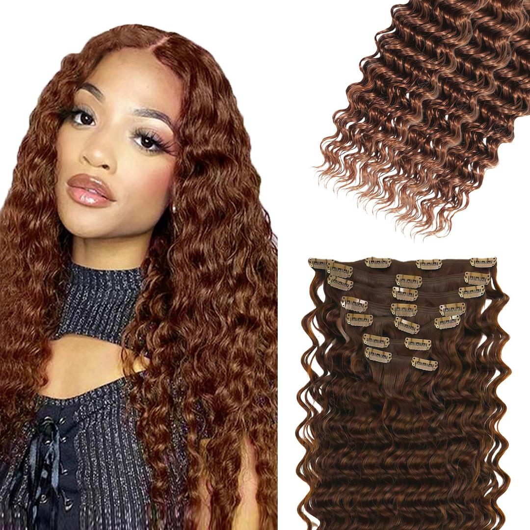 #30 Brown Clip in Hair Extensions Real Human Hair, 28 Inch 120g/7Pcs,Full Shine Remy Human Hair,Light Brown Deep Wave Clip ins Brazilian Virgin Human Hair Extensions