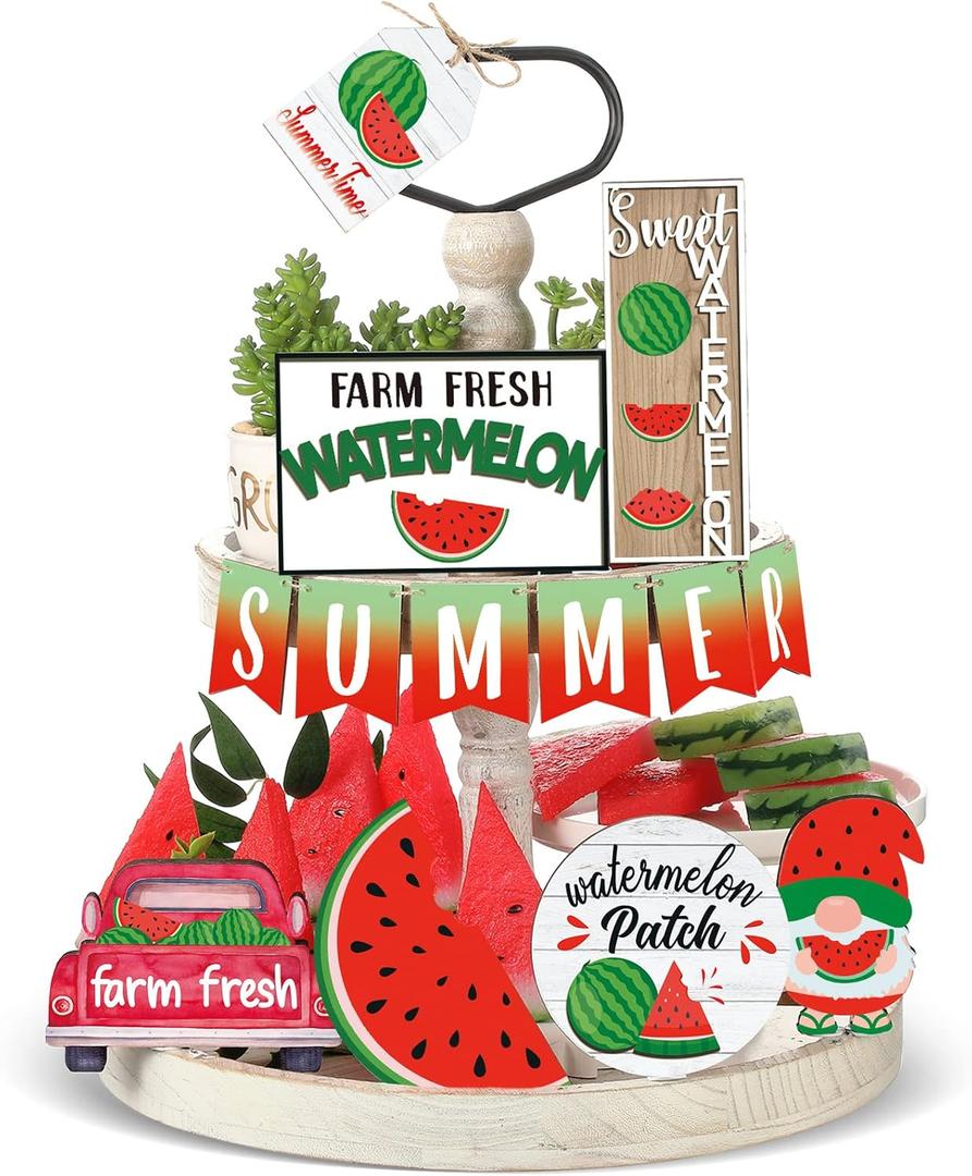 13 Pcs Summer Watermelon Tiered Tray Decor Set Farmhouse Wood Summer Wood Sign Hawaii Tiered Tray Decorations Tabletop Rustic Wooden Red Gnome Table Signs for Home Kitchen Table Decoration