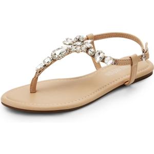 DREAM PAIRS Flat Sandals for Women Dressy Rhinestone T-Strap Thong Flat Sandals for Summers Dress Beach (9, Nude)