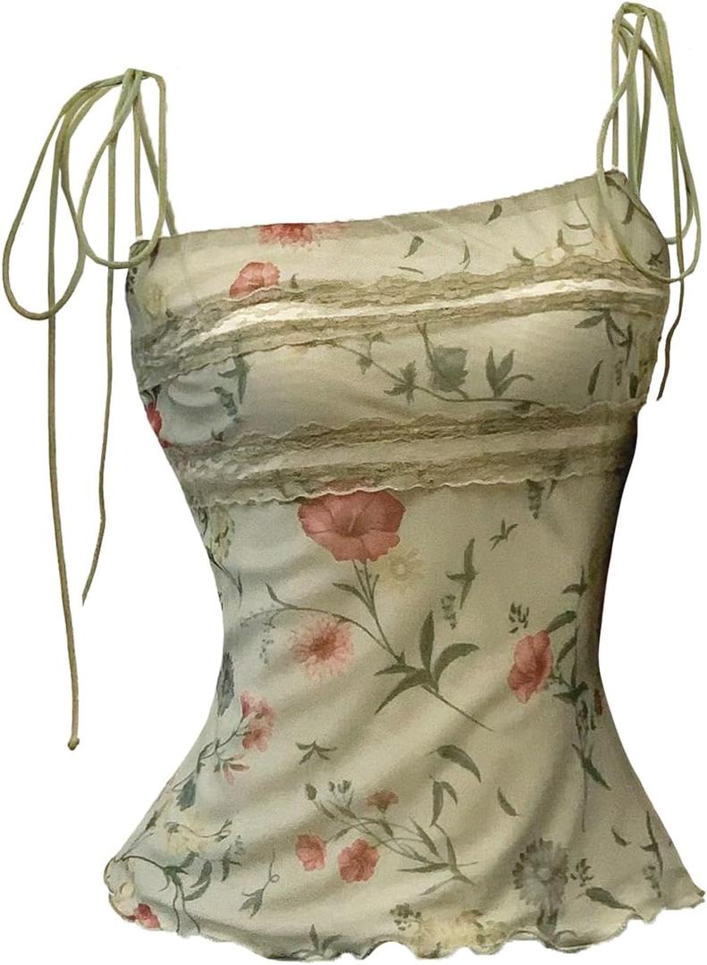 RoseSeek Women's Lace Trim Tie Shoulder Camisole Y2K Floral Square Neck Coquette Cami Tank Tops (M)