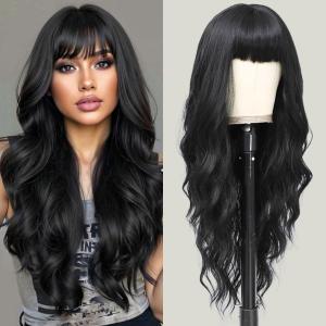 Black Wig with Bangs 26 Inch Long Curly Wavy Wigs for Women Begineer-Friendly Synthetic Wig for Daily Party Holiday Use