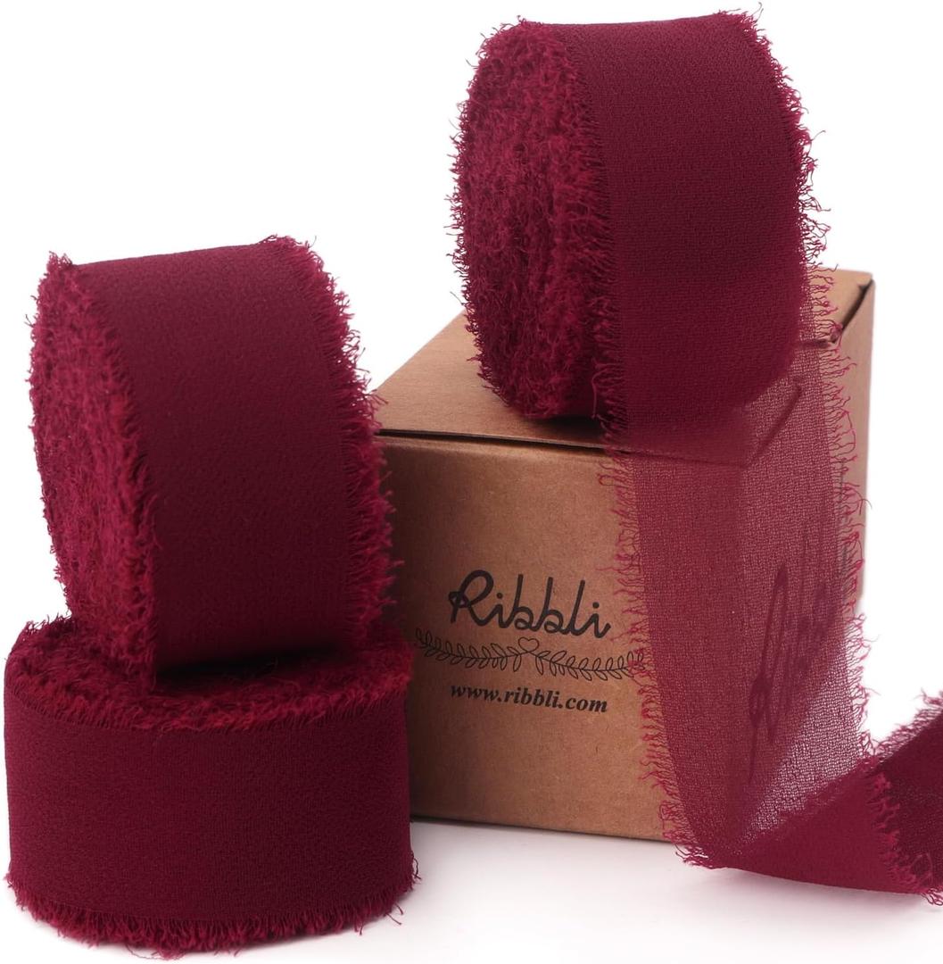 Ribbli Burgundy Ribbon 1 Inch x 3 Rolls Total 24 Yards Handmade Fringe Chiffon Silk Ribbon for Wrapping Wedding Invitations Bridal Bouquets DIY Crafts Home Decor