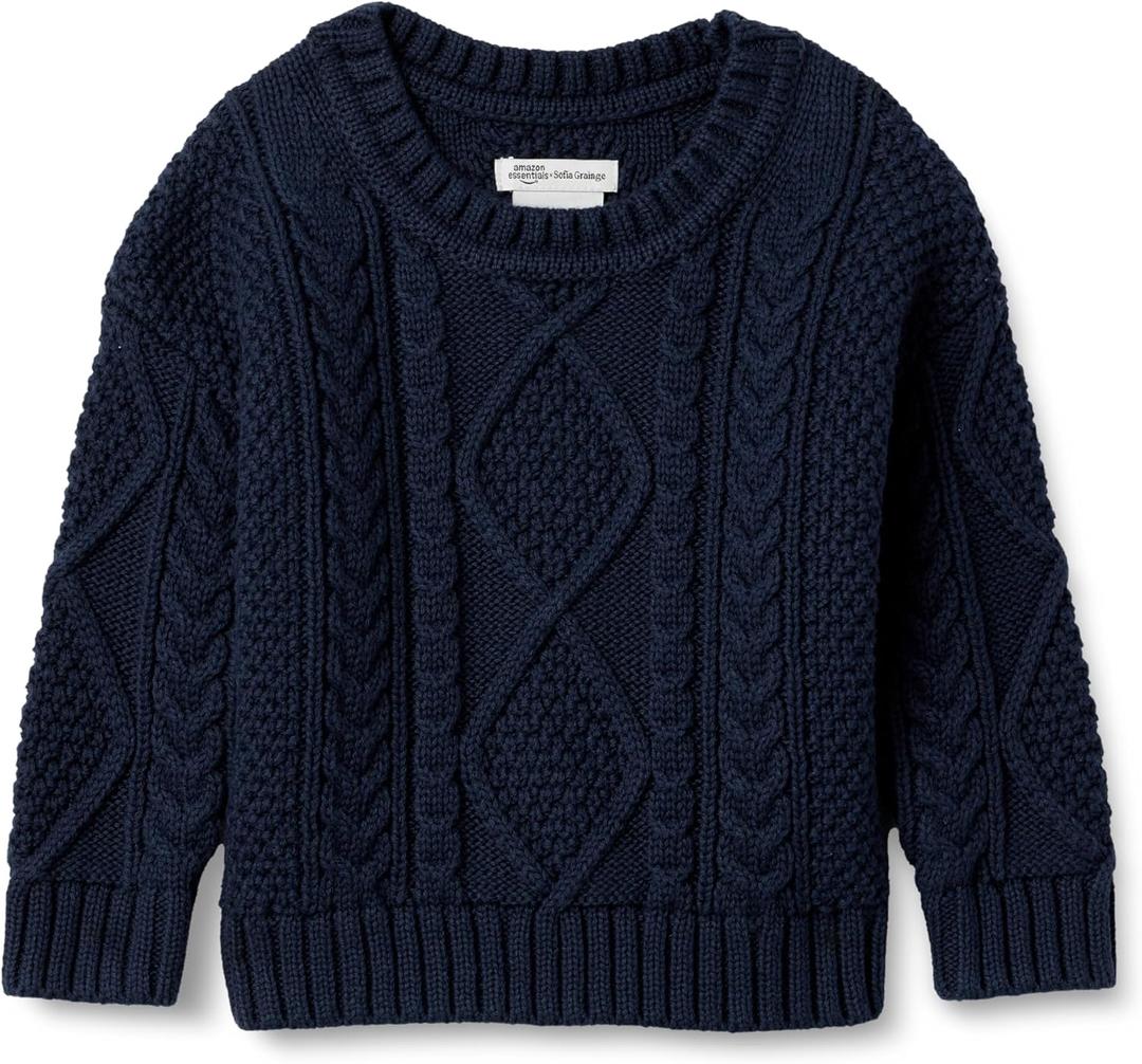 Amazon Essentials x Sofia Grainge Babies, Toddlers, and Boys' Cable Crewneck Sweater (3T, Navy)