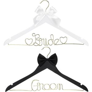 2 Pcs Wire Bride Hanger and Groom Wedding Wooden Hanger with Letter and Bow Tie for Tuxedo Suit Bridesmaid Bridal Wedding Gift Bridal Party Shower