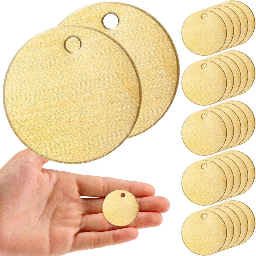 Zhengmy 25 Pcs Round Brass Tags, 1-1/4 Inch Diameter, Gold Blank Metal Stamping Key Brass Tags with Hole Engraving for Pets, Dogs, Plants, Doors