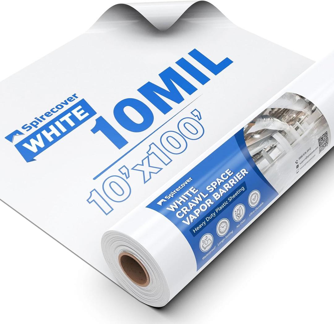 White Crawl Space Vapor Barrier, 10 Mil Vapor Barrier, 10' x 100', Heavy Duty Polyethylene Film, Thick Plastic Sheeting, Plastic Drop Cloth Covering for Crawlspace, Basement