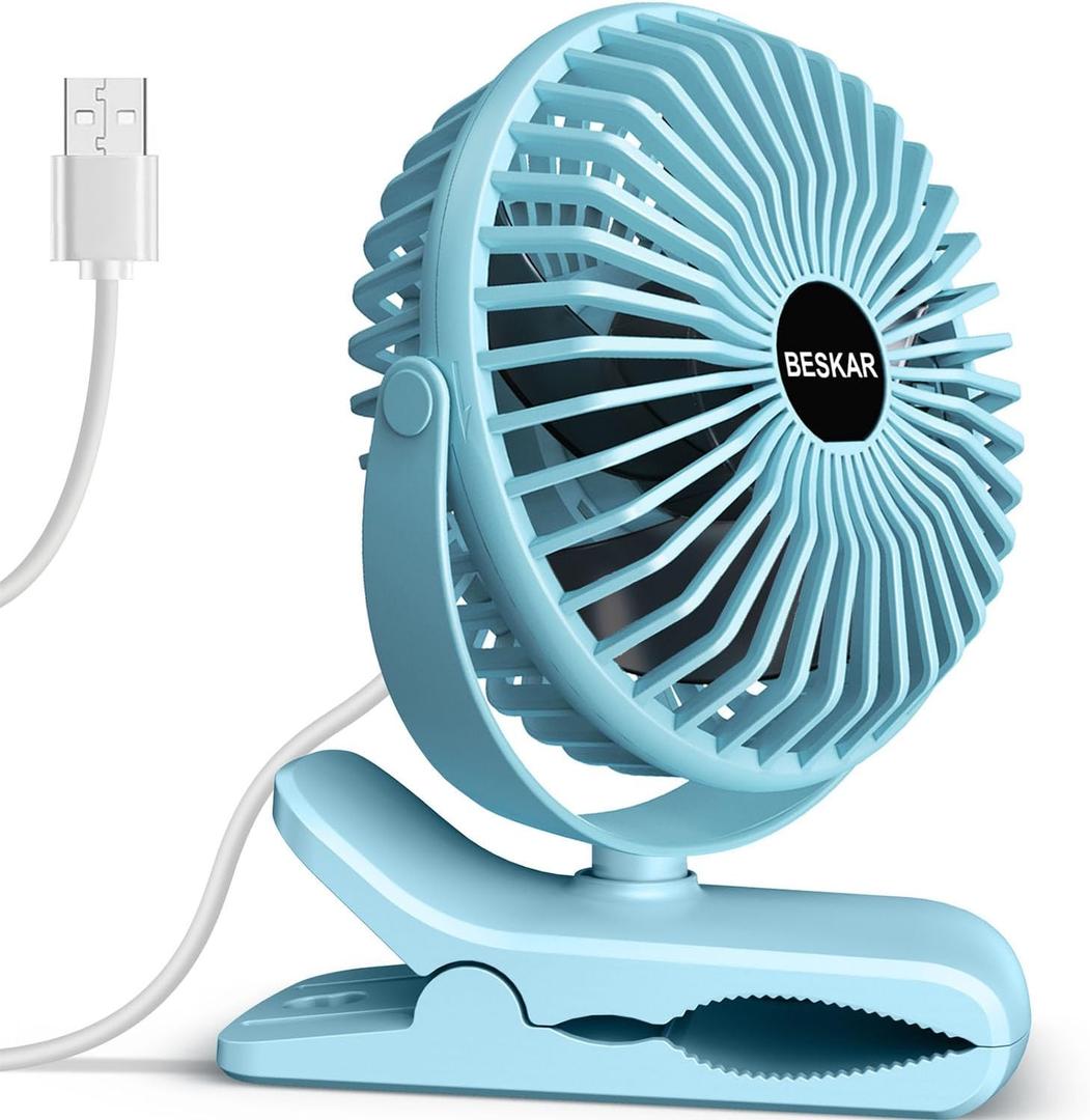 BESKAR Clip on Fan, Portable Small Desk Fans with Strong Airflow, 3 Speeds with Personal Fans Sturdy Clamp, Quiet Desk Fan & Clip Fan with USB Cord Powered - No Battery (Sky Blue)
