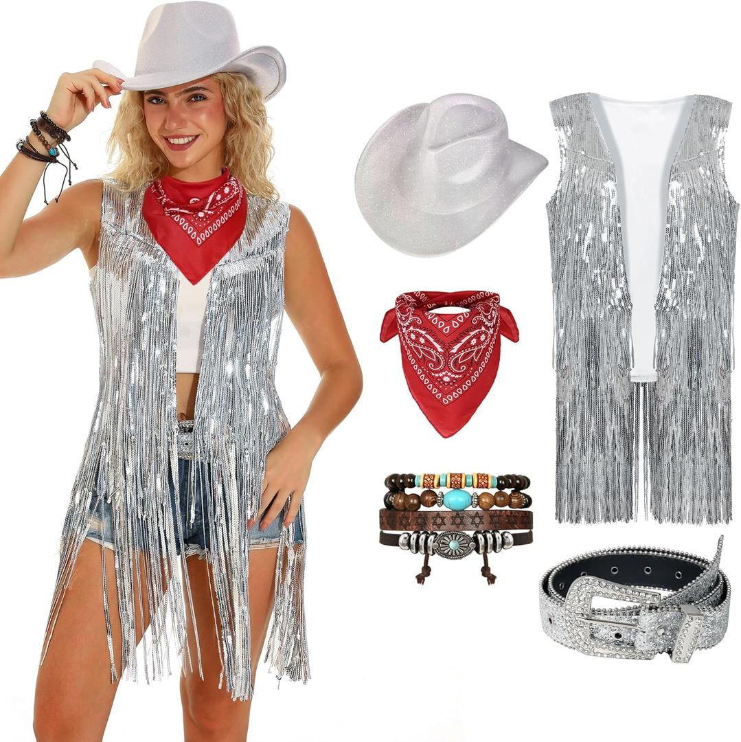 GERVAISE Womens Western Cowgirl Costume 70s Hippie Tassels Fringe Vest outfit Hat 5pcs (Small, Silver)