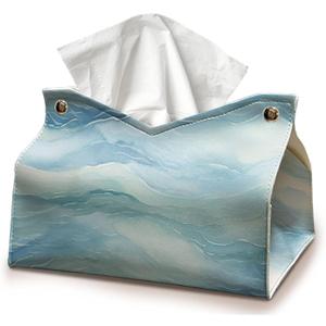 Blue Tissue Box Cover Rectangle, Light Blue and White Decorative Tissue Box for Living Room Desk, Contemporary Marble PU Leather Tissue Holder Toilet Organizer Tissues 9.8x5.9x5.9