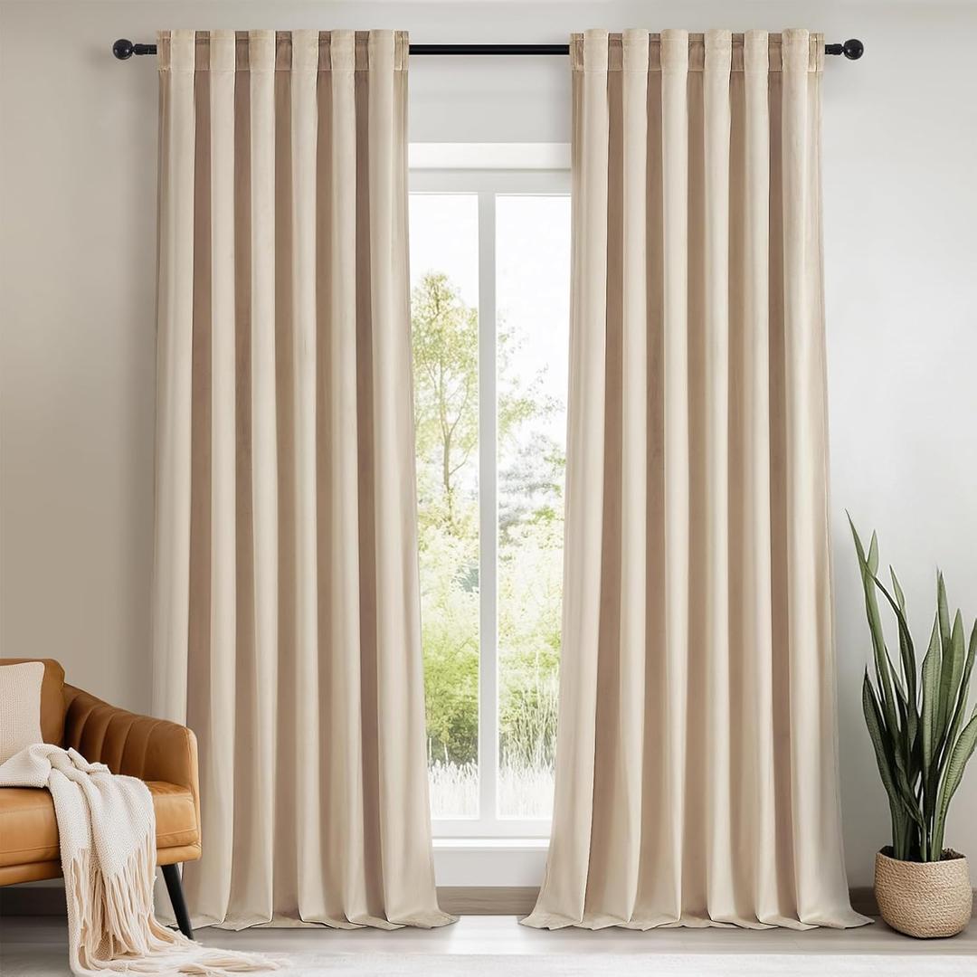 Topfinel 102 Inch Long Curtains for Bedroom Living Room,Blackout Room Darkening Thermal Thick Luxury Velvet Drapes for Sliding Glass Patio Doors,Set 2 Panels,102 in Length,Beige (52"W x 102"L (Pack of 2))