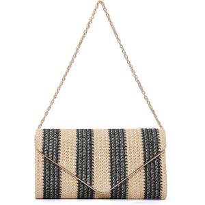 Fecialy Straw Striped Clutch Purses for Women Woven Envelope Handbag Straw Summer Beach Shoulder Bags Wallet (Black)