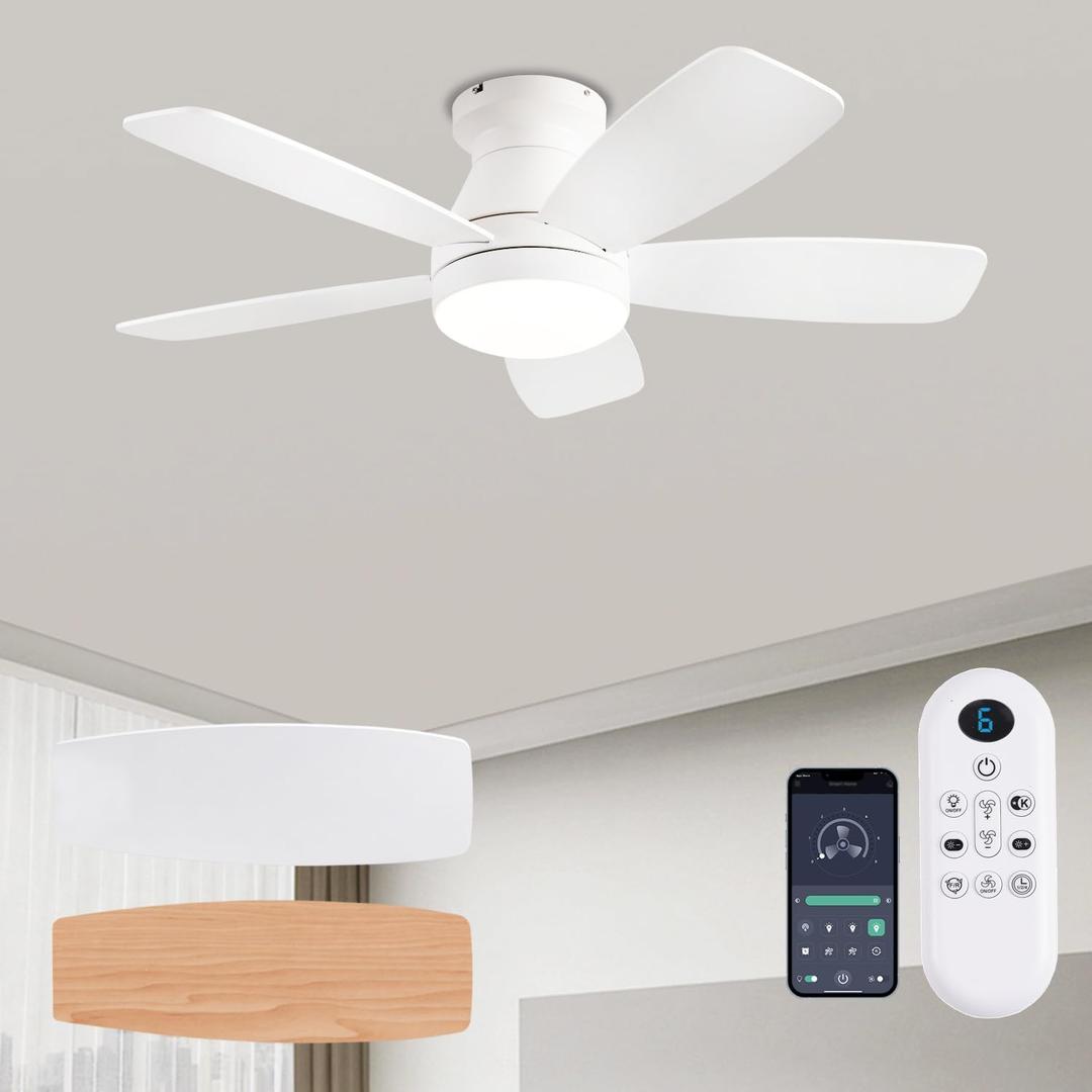 Ceiling Fans with Lights, 42 Inch Low Profile Ceiling Fan with Light and Remote/App Control, Flush Mount, Reversible, 3CCT, Dimmable, Noiseless, White Ceiling Fan for Indoor/Outdoor Use